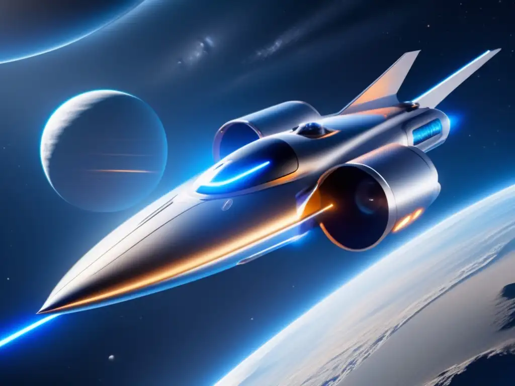 Nave espacial futurista con propulsión iónica en el espacio