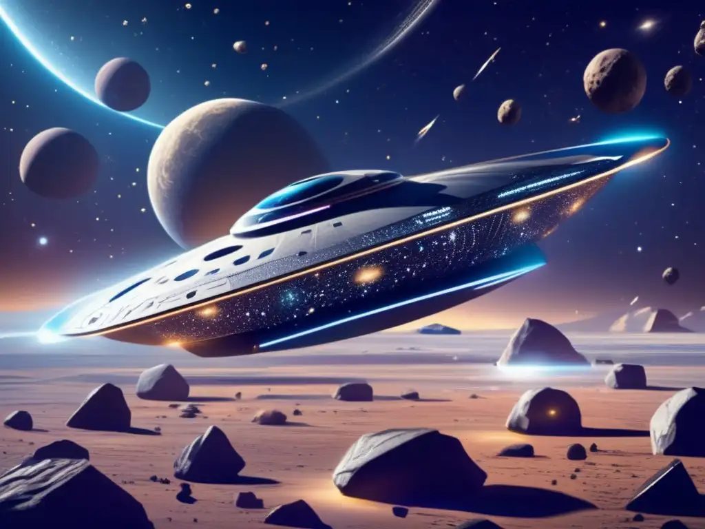 Una nave espacial futurista rodeada de meteoritos en un paisaje cósmico de ensueño