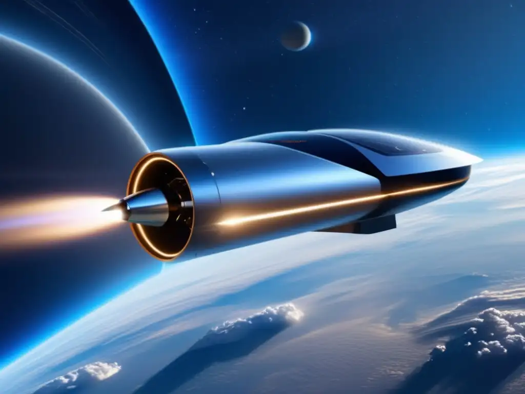 Una nave espacial futurista con sistemas de propulsión avanzados, desviando asteroides en ruta de colisión