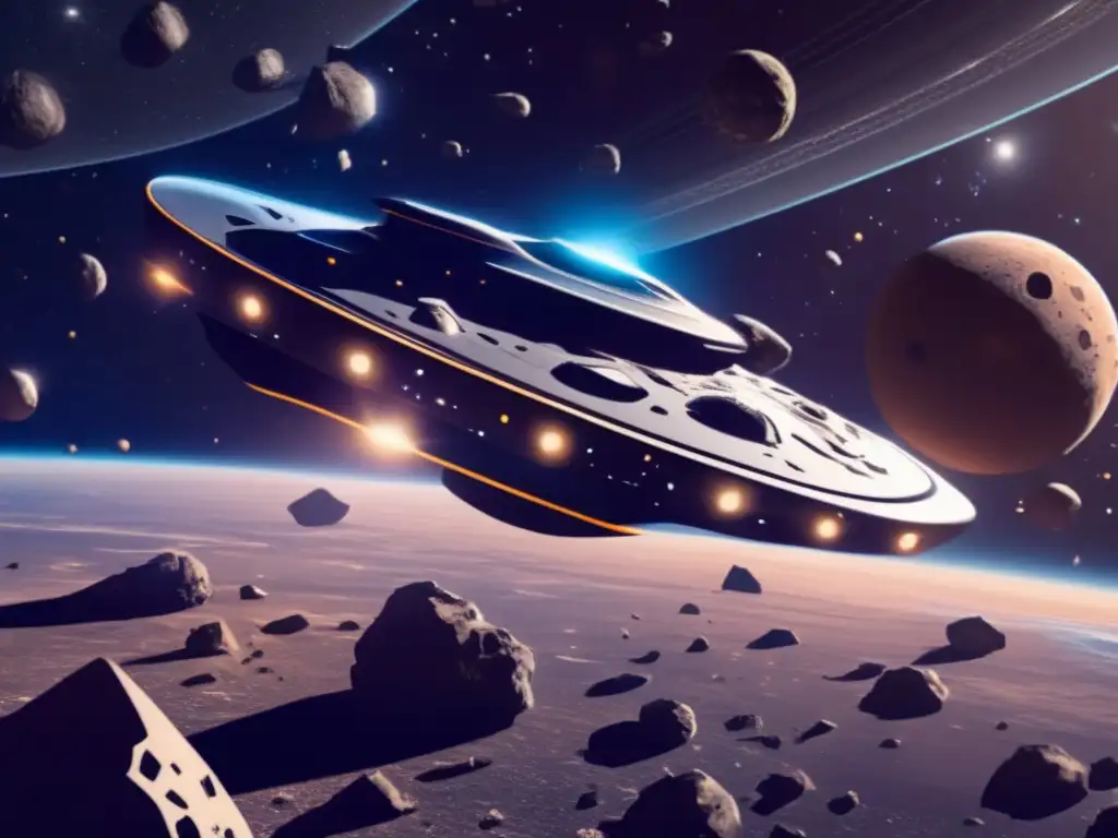 Nave espacial rodeada de asteroides, ilustrando la gravedad en el espacio