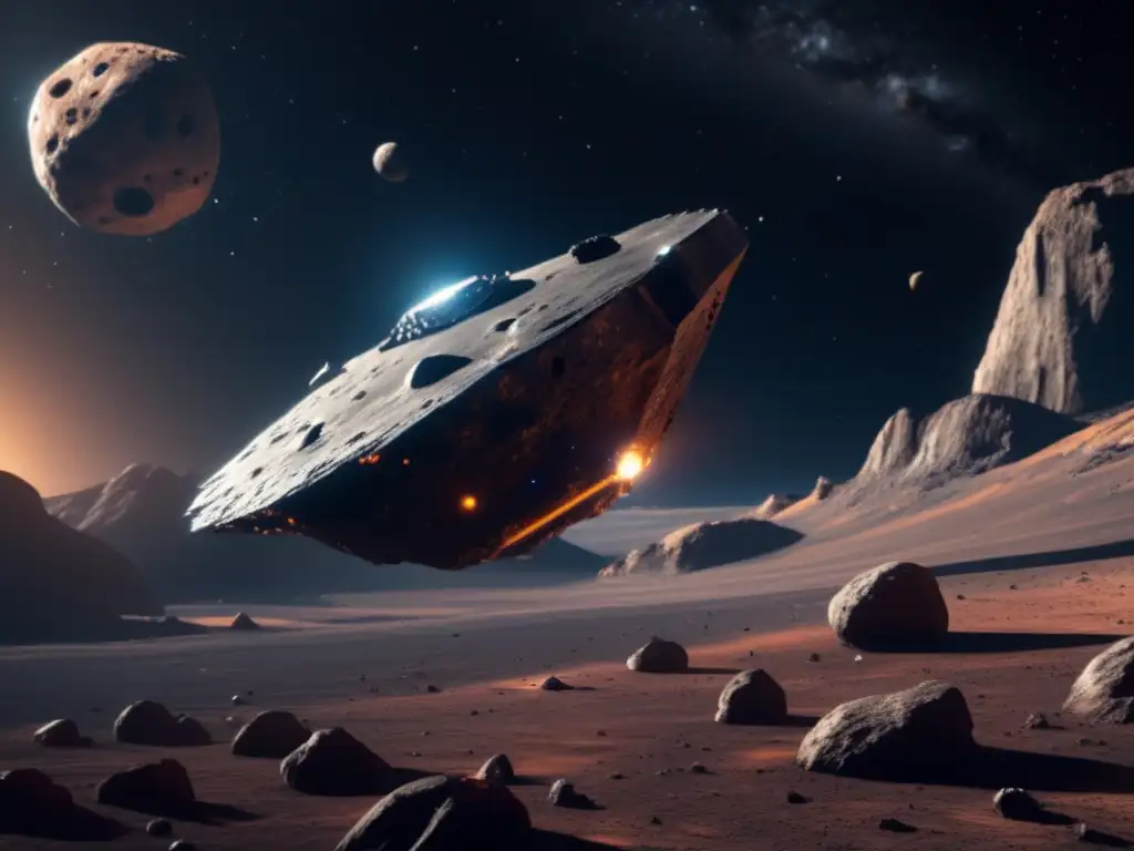 Nave futurista explorando asteroide con herramientas avanzadas