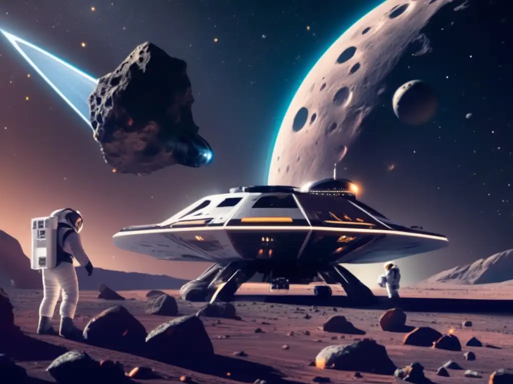 Nave futurista explorando asteroides tipo C en el espacio