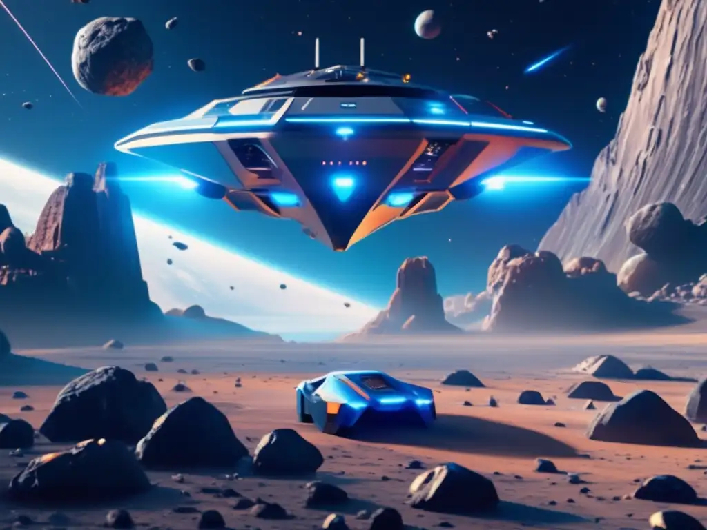 Nave futurista en campo de asteroides: Exploración espacial con realidad aumentada
