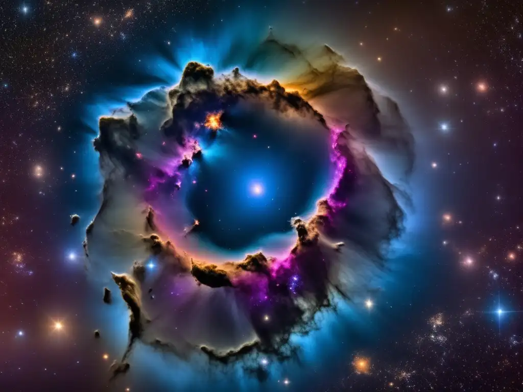 Nebulosa cósmica con estrellas, asteroides y formación del mundo