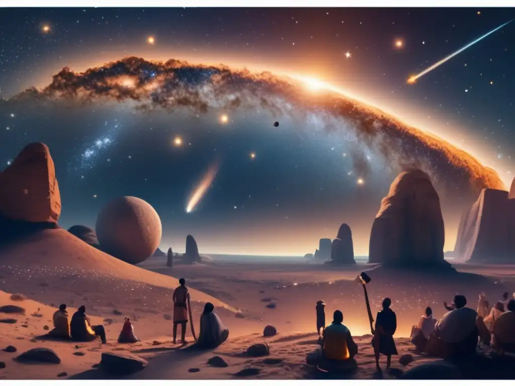 8K imagen noche estrellada con antiguas civilizaciones admirando asteroide y símbolos celestiales