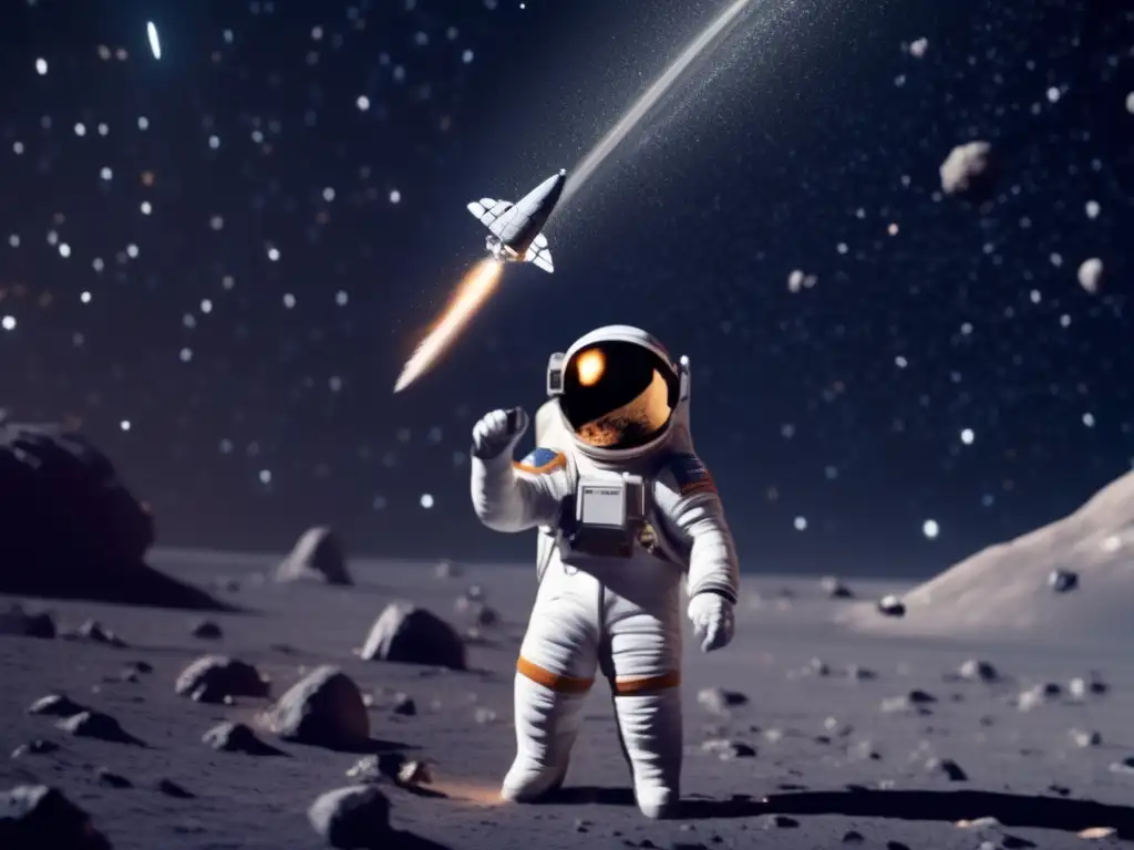 Obras literarias en asteroides: Astronauta flota en campo de asteroides estelar