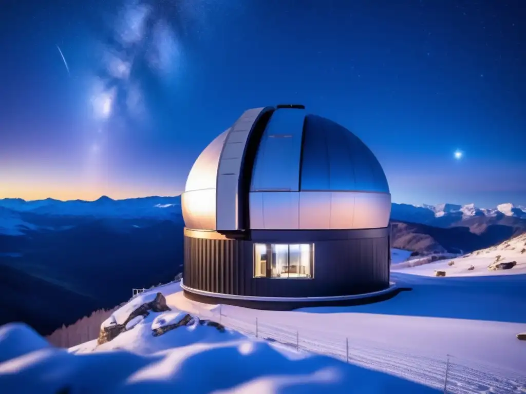 Un observatorio de alta tecnología en una remota cordillera, con un cielo nocturno lleno de estrellas y avanzados instrumentos espectroscópicos