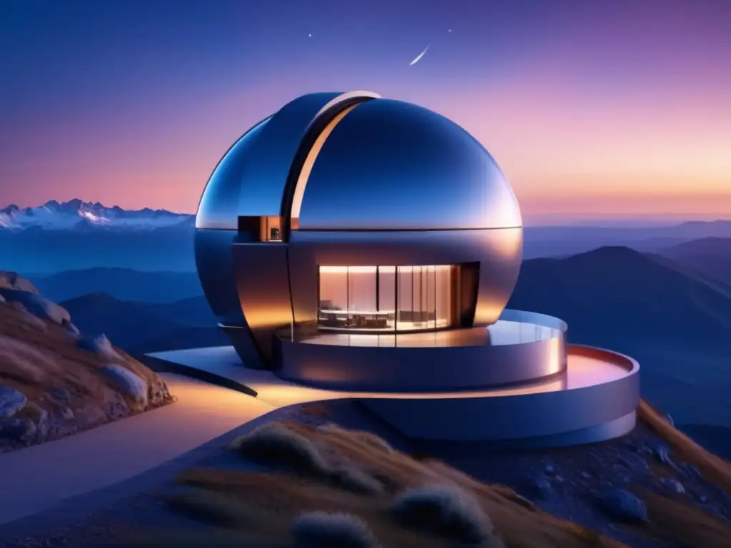 Observatorio astronómico en la cima de una montaña remota, con diseño futurista y vistas panorámicas al paisaje