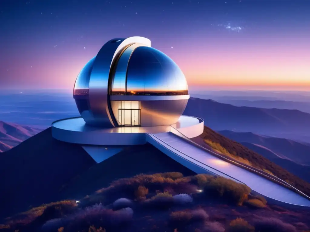 Observatorio astronómico futurista en la cima de una montaña, rodeado de estrellas