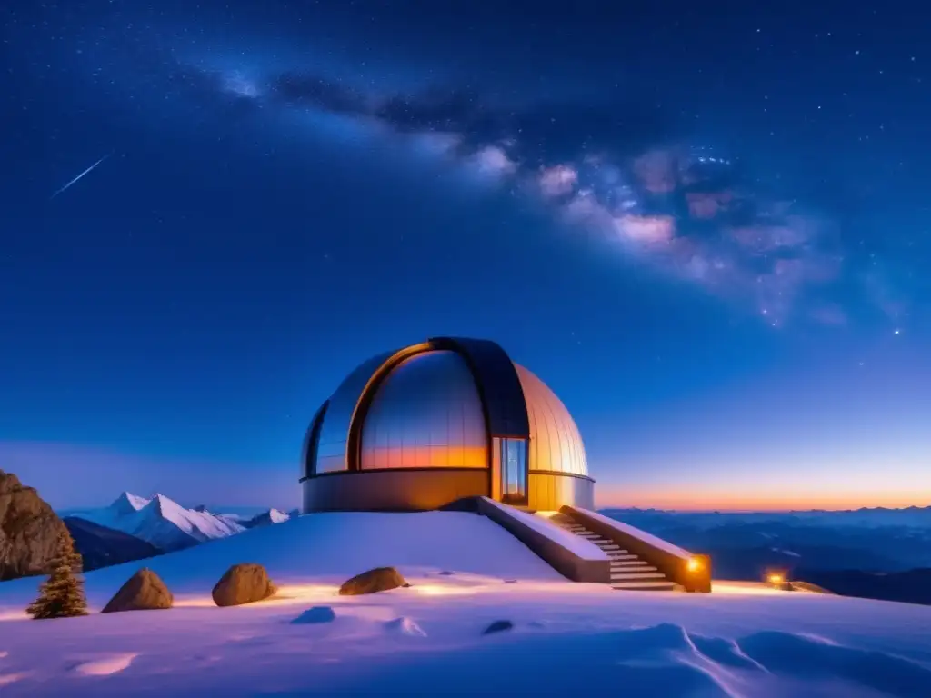 Un observatorio en la cima de una montaña, con telescopio y equipo de detección avanzado, científicos trabajando