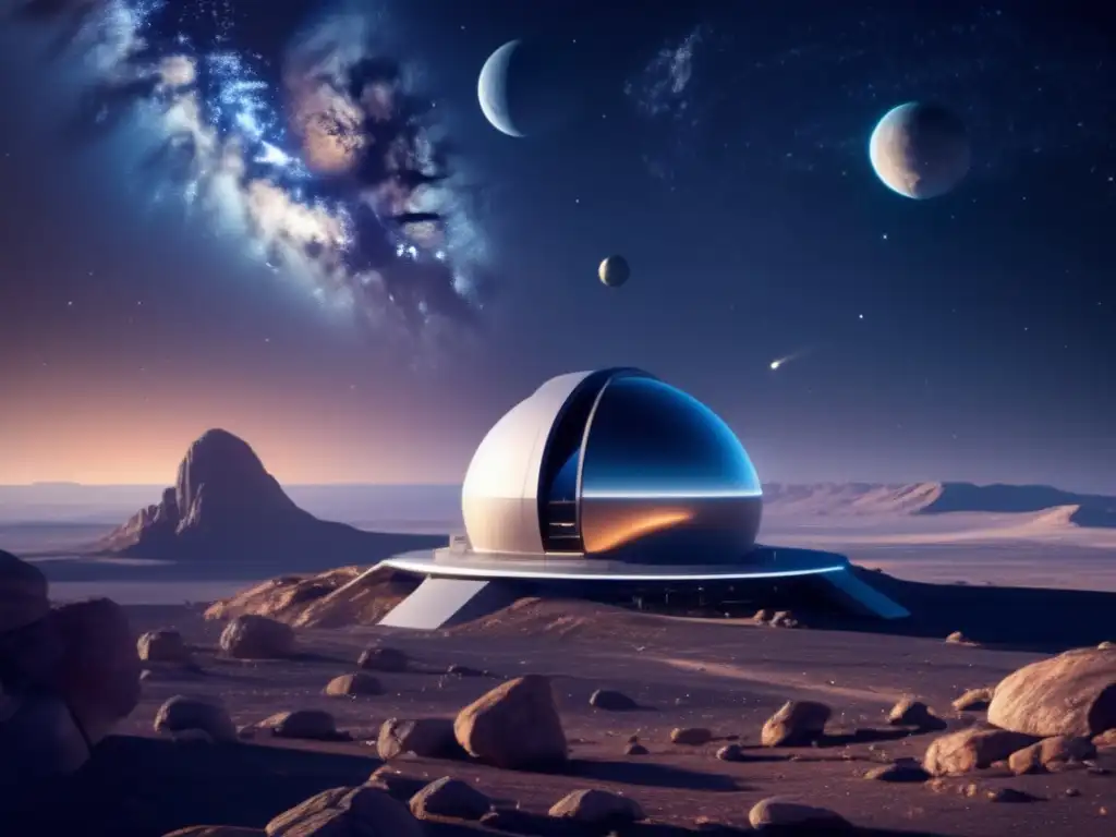 Observatorio espacial futurista en asteroide: Tecnología avanzada, seguridad internacional, temor asteroides