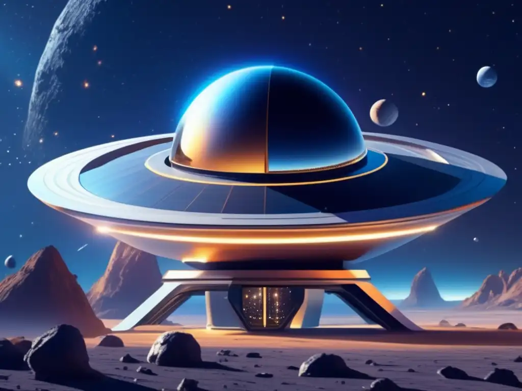 Un observatorio espacial futurista flota en el espacio rodeado de asteroides, destacando las órbitas de asteroides no detectados