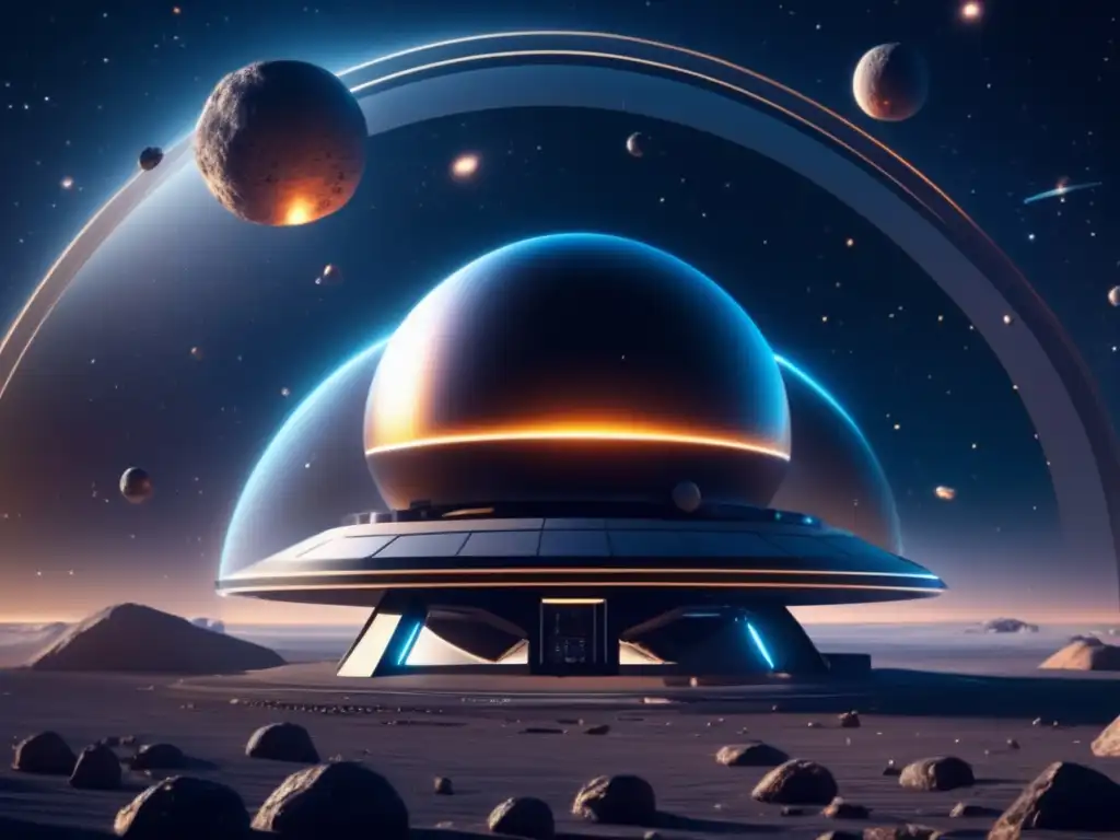 Observatorio espacial futurista con perturbaciones gravitatorias de asteroides en el sistema solar