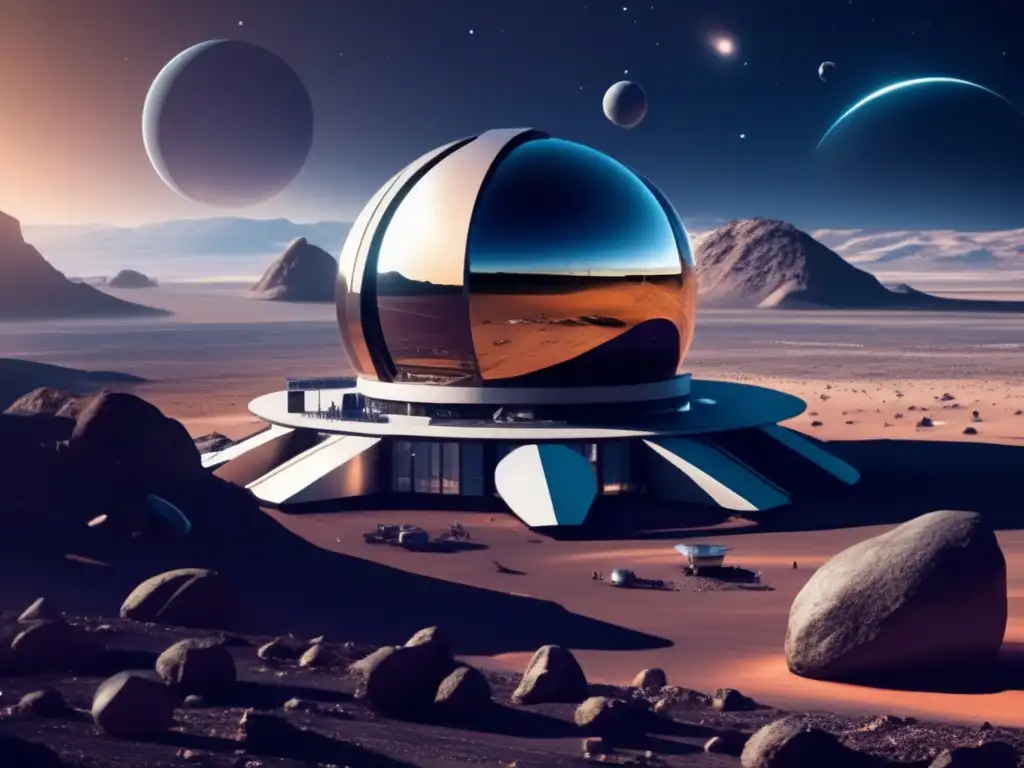 Observatorio espacial futurista en planeta rocoso, con telescopios apuntando al cielo