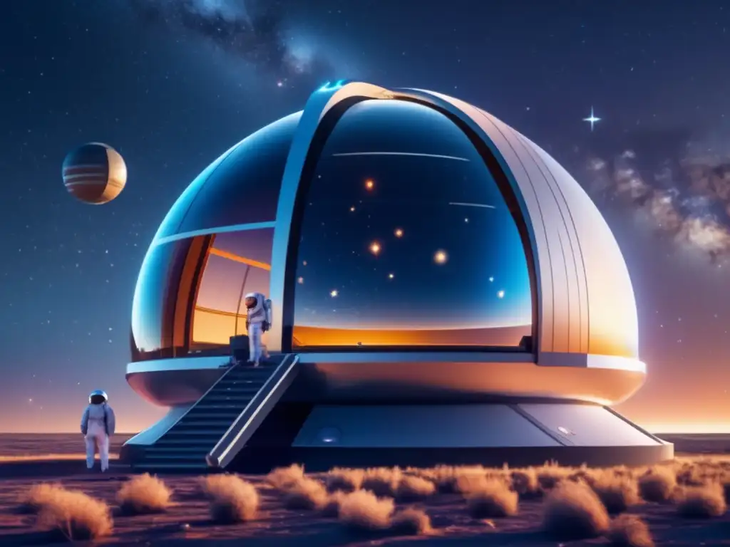 Observatorio espacial futurista rodeado de estrellas, científicos descubriendo asteroides (Descubrimientos recientes de asteroides)