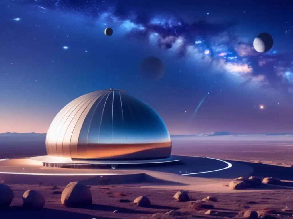 Observatorio espacial futurista y tecnologías de defensa planetaria asteroides