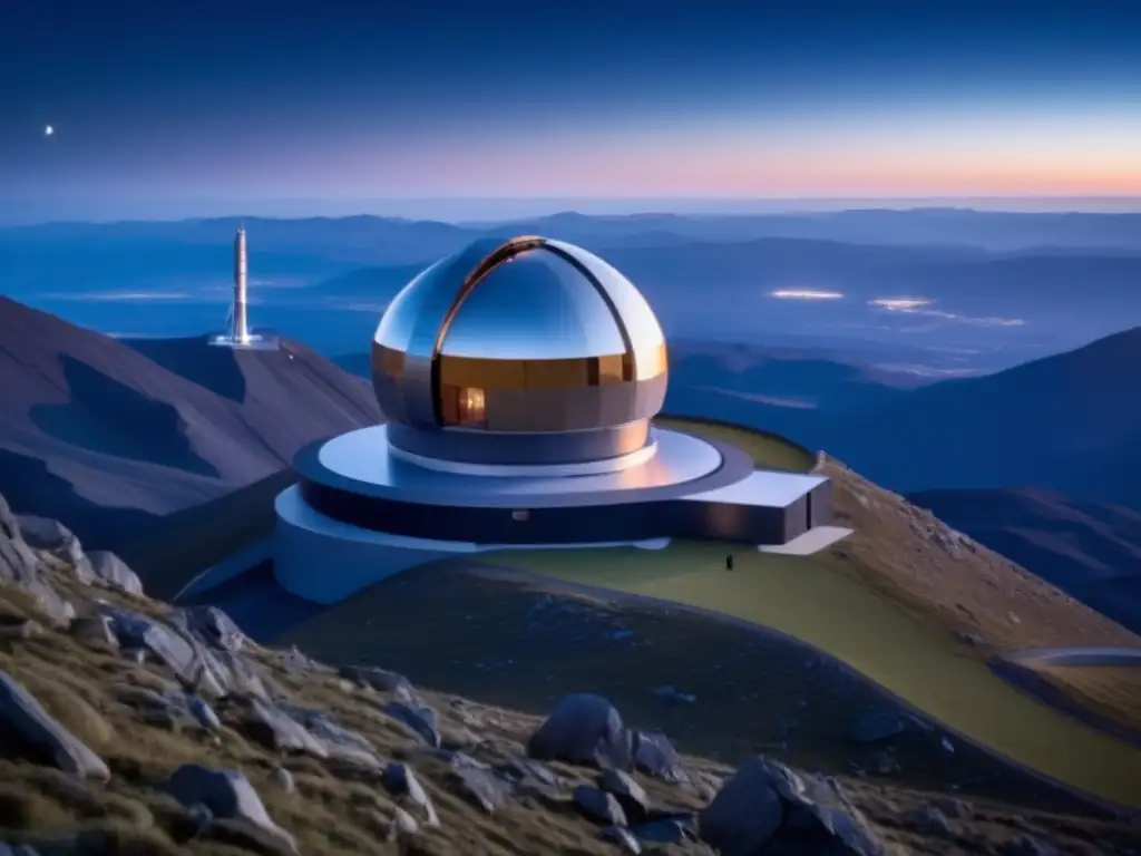 Un observatorio espacial de vanguardia en una montaña remota, con una vista impresionante del cielo nocturno