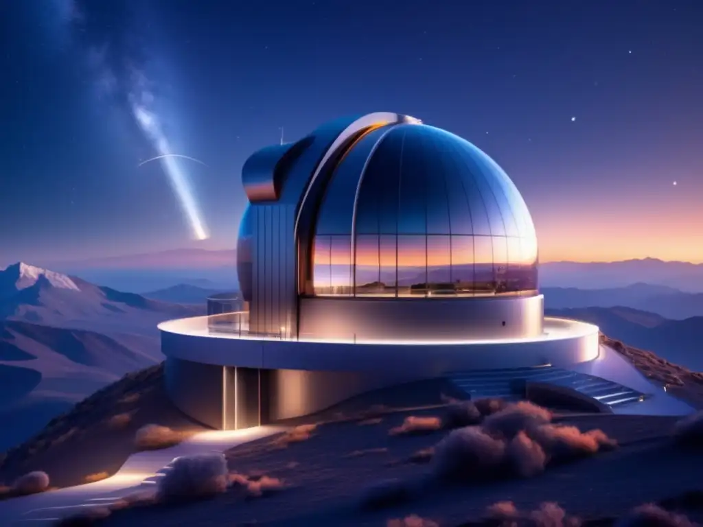 Observatorio futurista en lo alto de la montaña con tecnologías emergentes para protección de asteroides