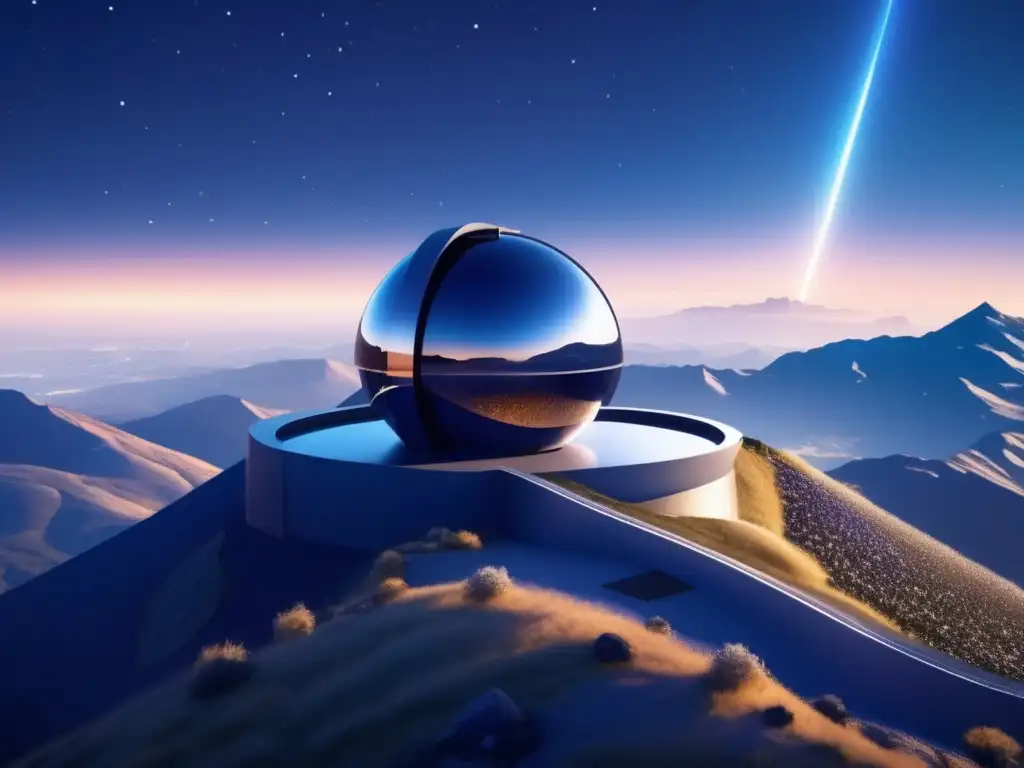 Observatorio futurista en montaña: científicos rastreando asteroide, tecnología avanzada