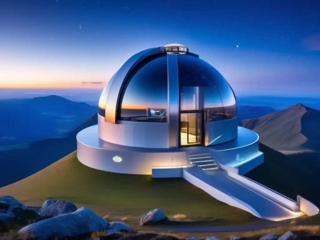Observatorio futurista en la cima de una montaña, rodeado de paisaje natural
