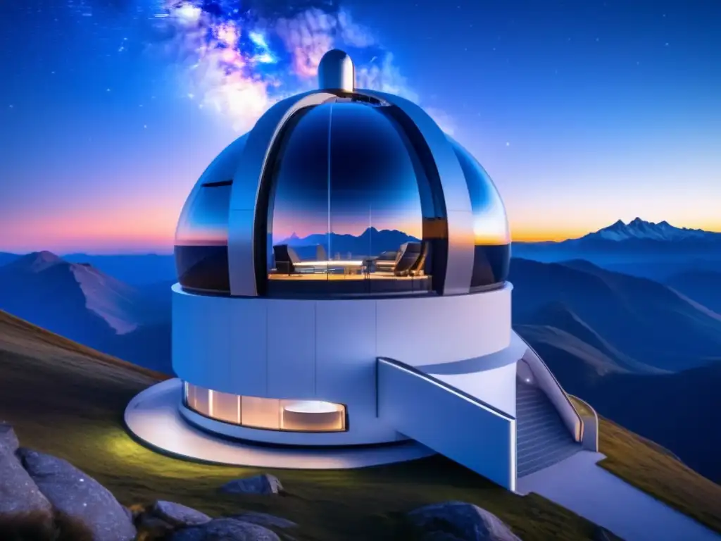 Observatorio futurista en la cima de una montaña remota, rastreo NEOs en el espacio