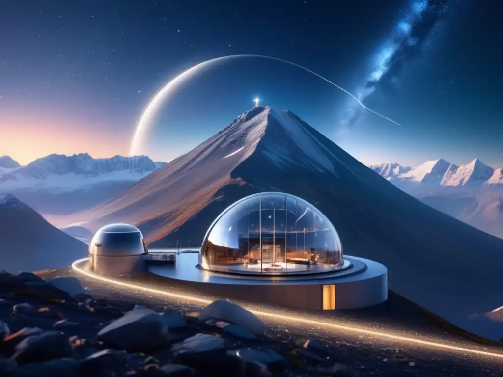 Observatorio futurista en la cima de una montaña con científicos monitoreando el cielo en busca de asteroides