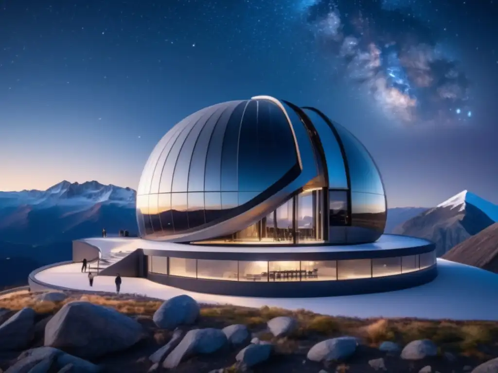 Observatorio futurista en la cima de una montaña, científicos admirando telescopio y estudio de asteroides tipo C