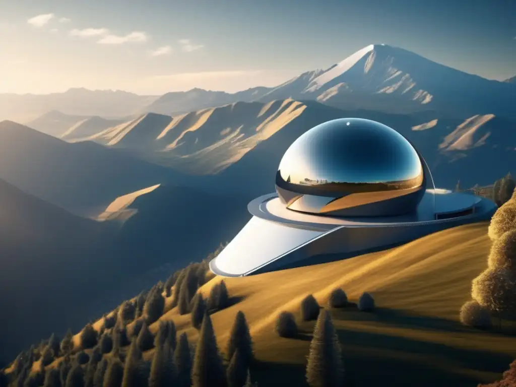 Observatorio futurista en la cima de una montaña, telescopio avanzado y asteroide en el cielo estrellado