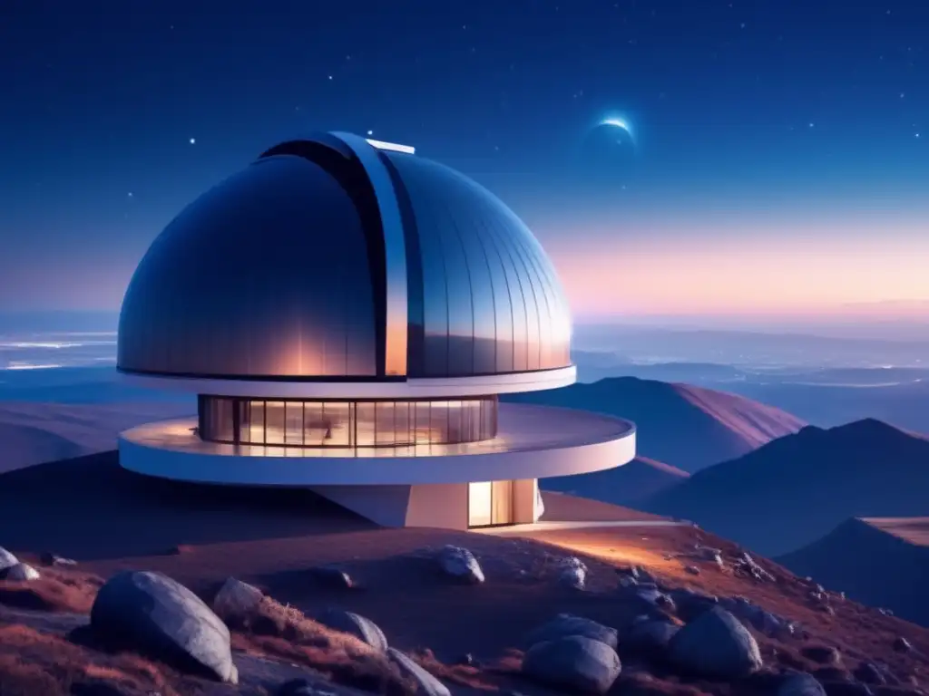 Observatorio futurista en la montaña, vigilando asteroides