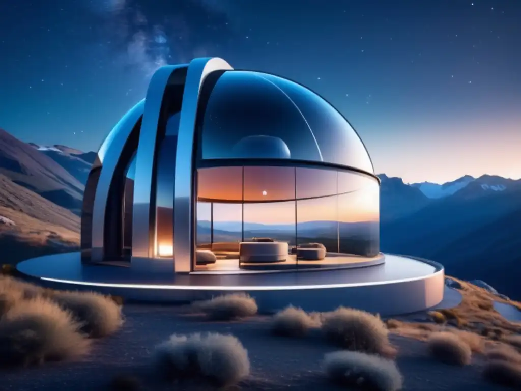 Observatorio futurista en las montañas, con tecnología avanzada, telescopios y vista impresionante del cielo estrellado