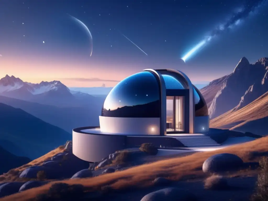 Observatorio futurista en paisaje montañoso con estrellas y asteroide