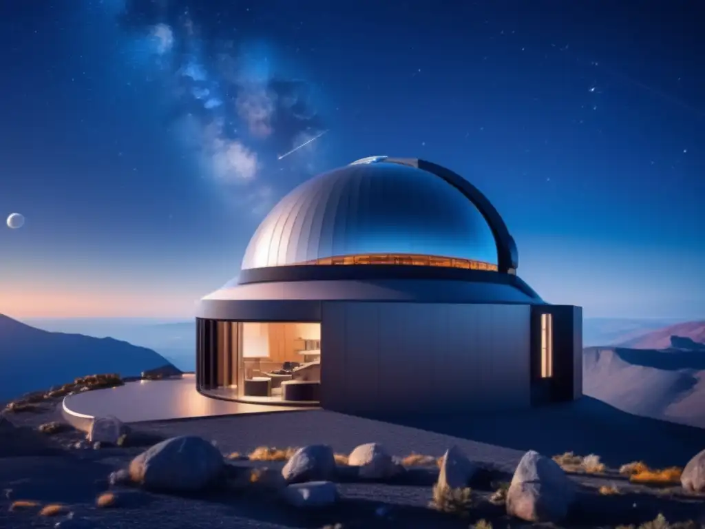 Un observatorio futurista en una remota cordillera montañosa, rodeado de telescopios de última generación para detectar asteroides tipo C