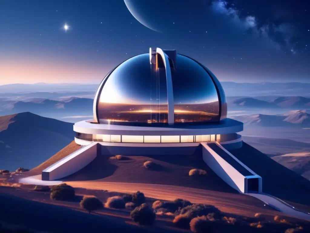 Observatorio futurista en montaña, rodeado de paisaje tranquilo