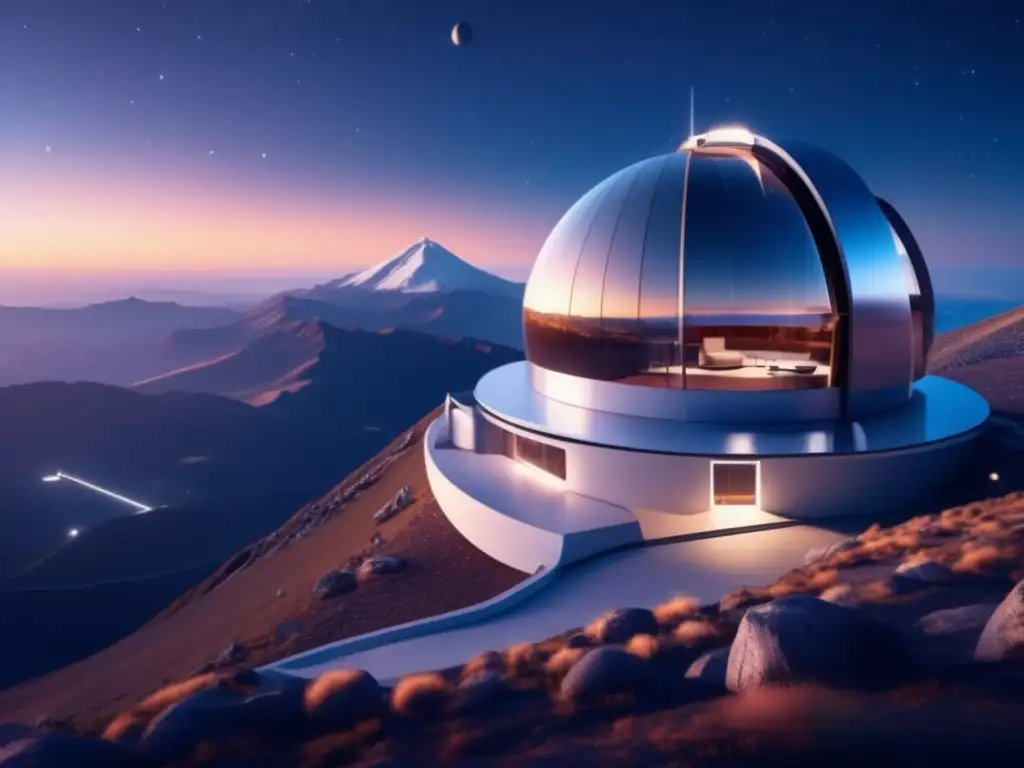 Observatorio futurista en montaña con telescopio, científicos y alerta temprana de asteroides