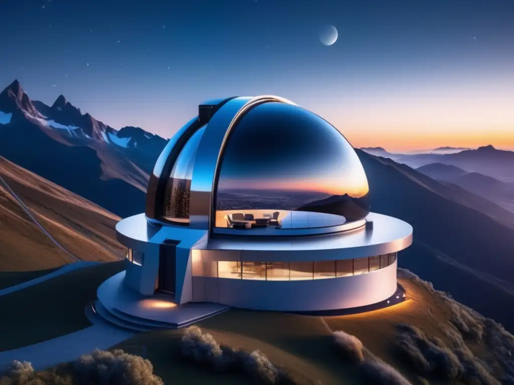Observatorio futurista con telescopio, galaxias y diplomacia en la observación de asteroides