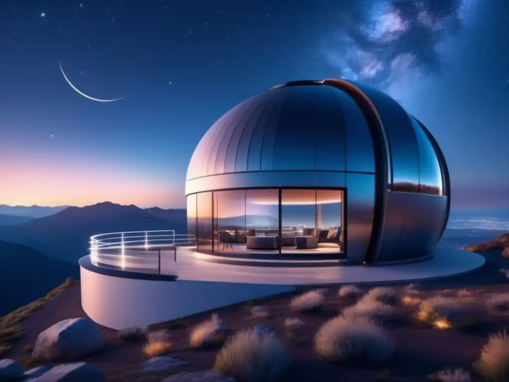 Observatorio futurista en la montaña con vista panorámica del cielo estrellado