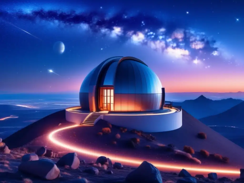 Observatorio de alta tecnología frente a un cielo estrellado Observatorio hightech en montaña, asteroide iluminando el cielo: Descubrimiento asteroides terrestre