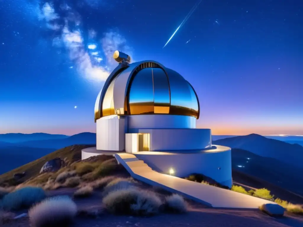 Observatorio moderno en la montaña, estrellas brillantes y tecnología avanzada para detectar asteroides