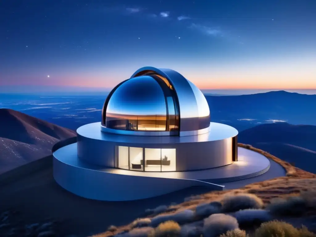 Observatorio moderno en la cima de la montaña, tecnología avanzada, telescopios y estrellas, descubriendo asteroides cercanos a la Tierra