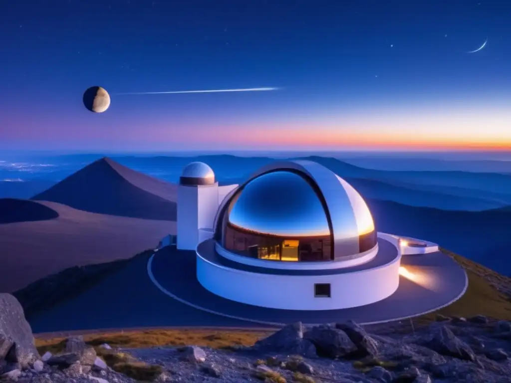 Observatorio moderno en la cima de una montaña, con cielo nocturno estrellado