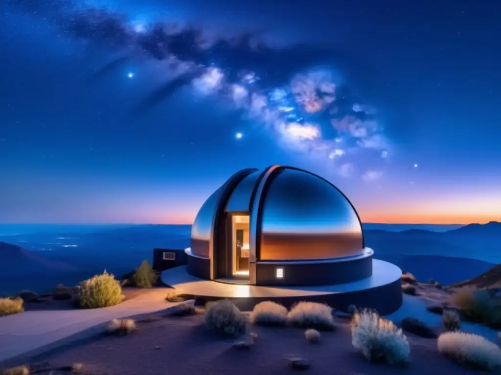 Un observatorio moderno en la cima de una montaña, con telescopio apuntando al cielo estrellado
