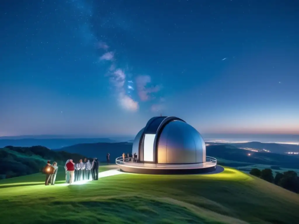 Observatorio moderno en colina verde, científicos estudian impacto asteroides en cielo estrellado
