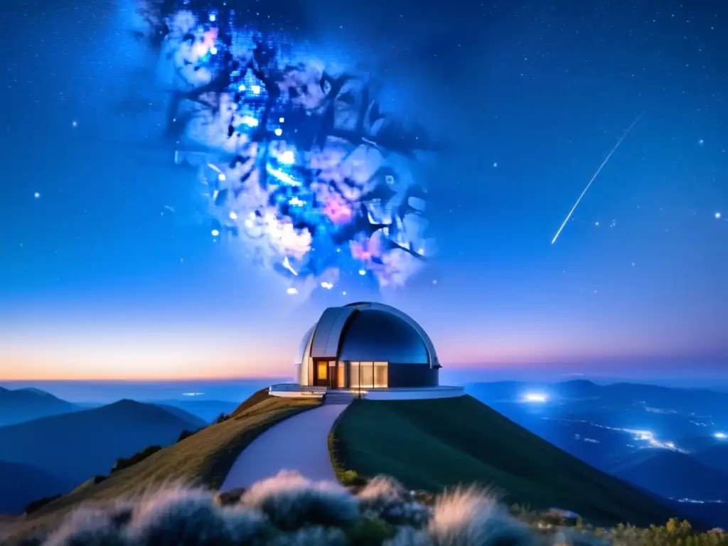 Observatorio moderno en la montaña, cielo estrellado y calibración de telescopios y equipos