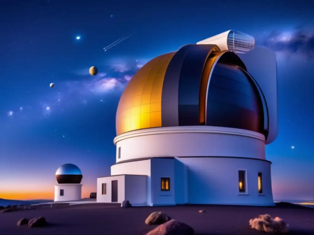 Un observatorio nocturno con telescopio de vanguardia, rodeado de estrellas y asteroides