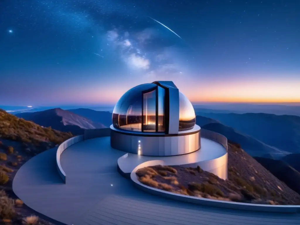 Observatorio vanguardista en la cima de una montaña, con vistas a un vasto cosmos estrellado