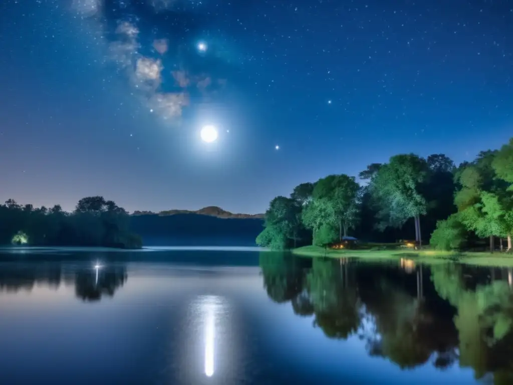 Guía ocultaciones asteroides: noche estrellada, luna llena, paisaje sereno, telescopio y asteroide