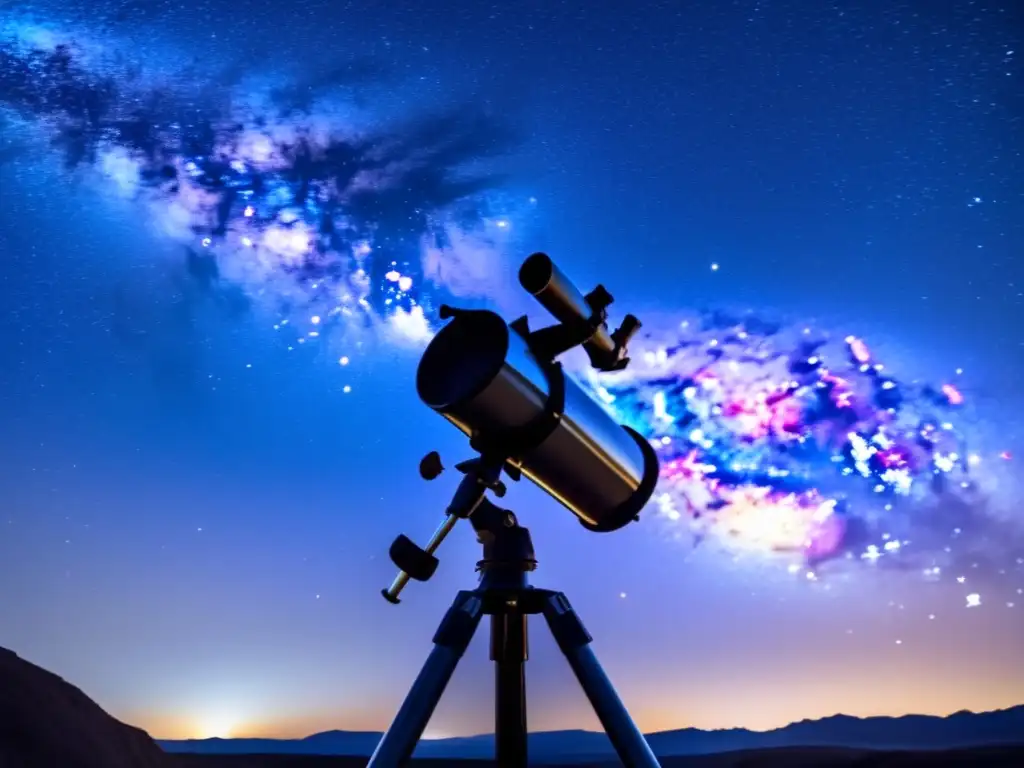 Guía ocultaciones asteroides: noche estrellada, telescopio, montañas, belleza natural, experiencia profesional y moderna
