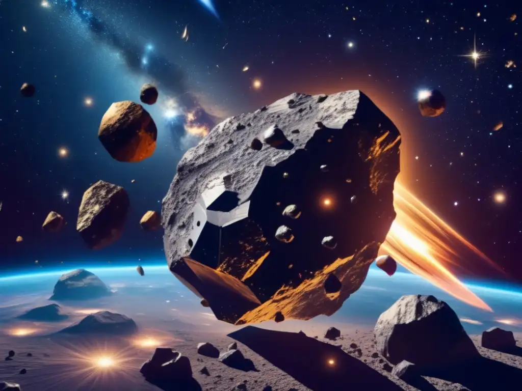 Oportunidad inversión asteroides metales preciosos: imagen asombrosa de un grupo de asteroides metálicos flotando en el espacio, con la Tierra visible en el fondo