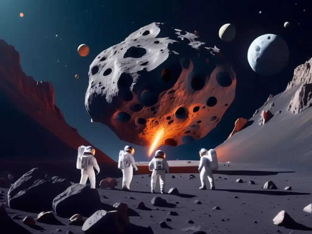 Oportunidades en asteroides basálticos: vista impresionante de astronautas explorando un enorme asteroide oscuro y rocoso en el espacio