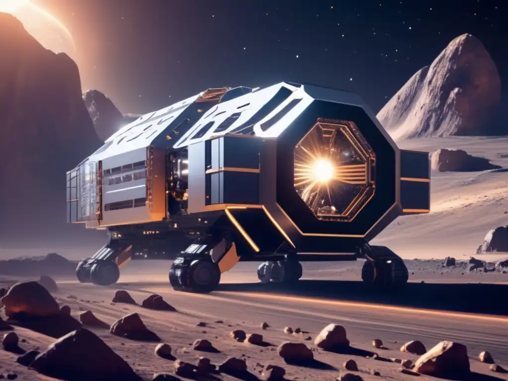 Oportunidades comerciales en minería espacial: operación minera futurista en un asteroide, con robots, luces y drones